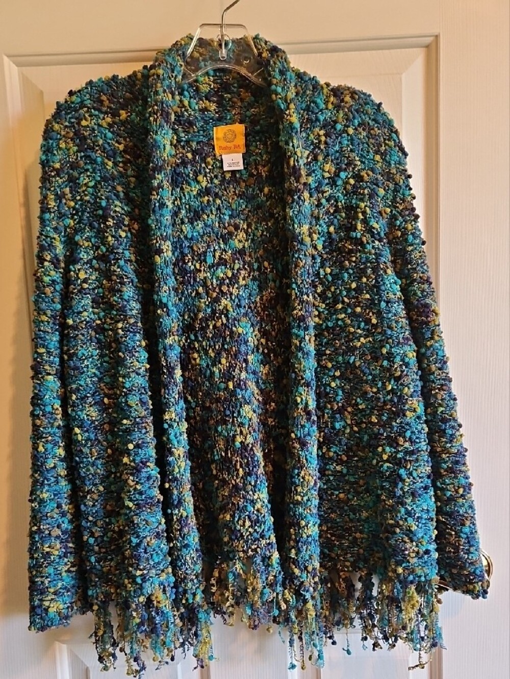 Ruby Rd. Teal, Navy & Yellow Bouclé & Fringe Artsy Hem Open Cardigan